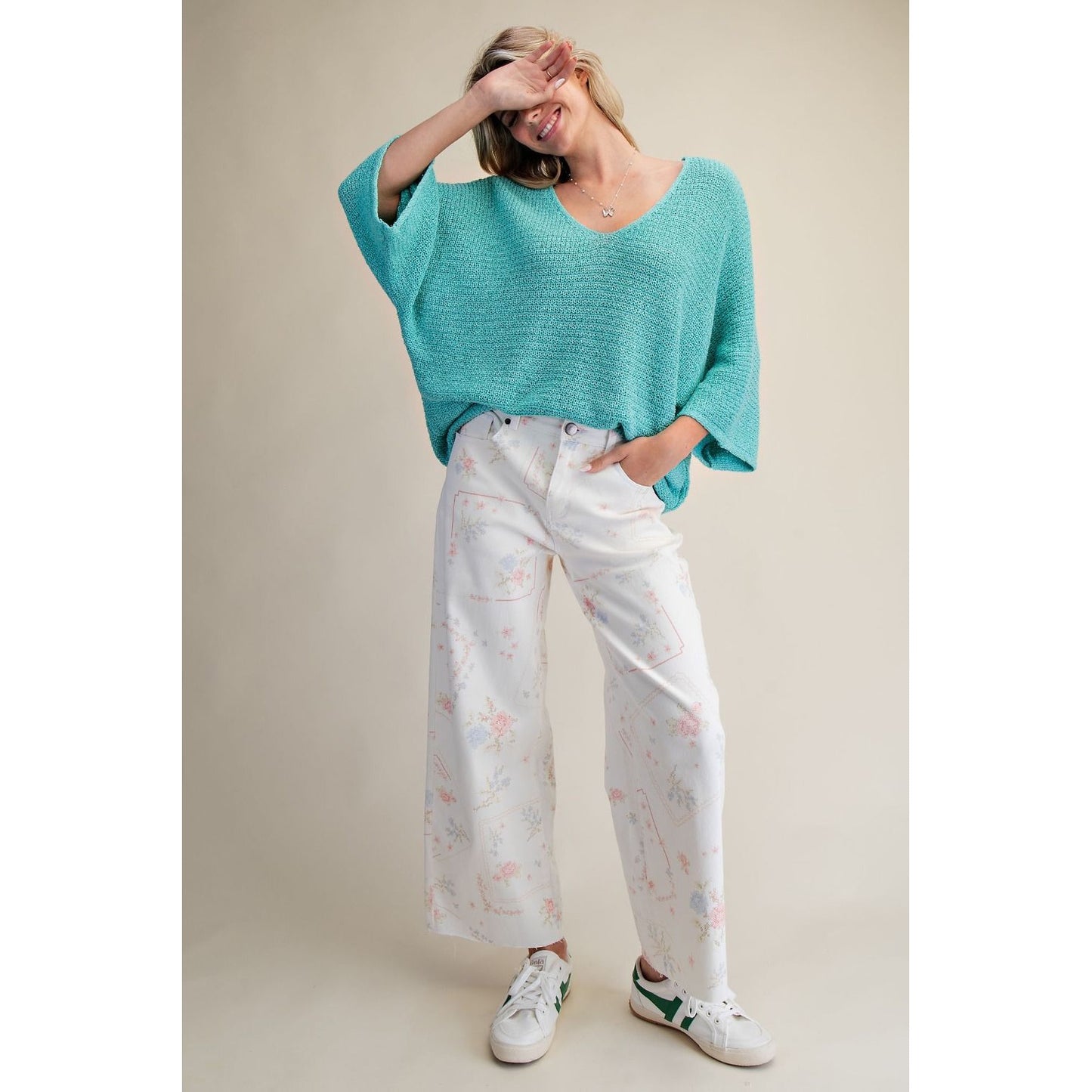White Cross Stitch Floral Washed Twill Pants 0236