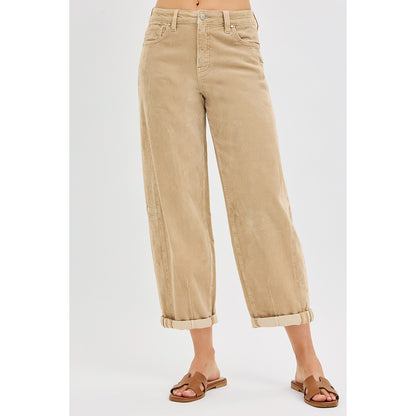 Risen - High Rise Crop, Barrel Corduroy Pants 1167 - Tan