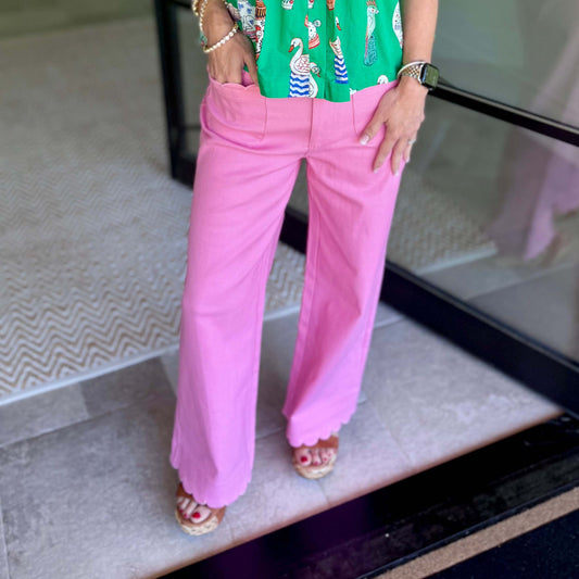 Pink Scallop Trim Wide Leg Pants – High Waist Statement Trousers 9031