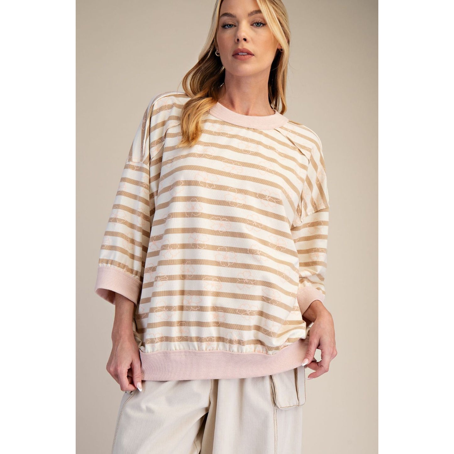 Easel - ¾ Sleeve, Striped Loose Fit Top 9274 - Latte