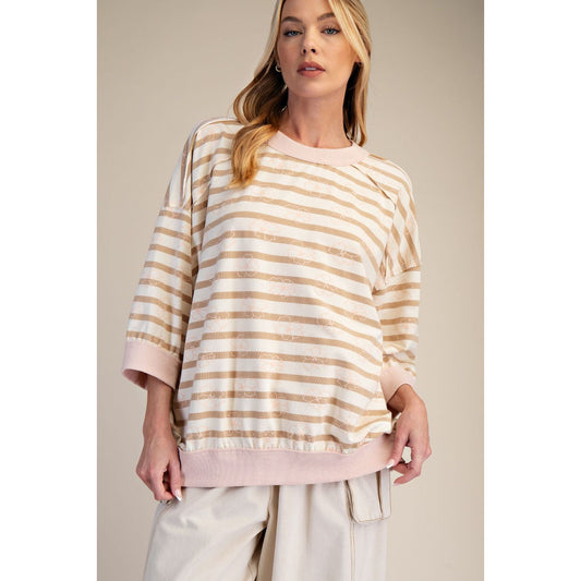 Easel - ¾ Sleeve, Striped Loose Fit Top 9274 - Latte