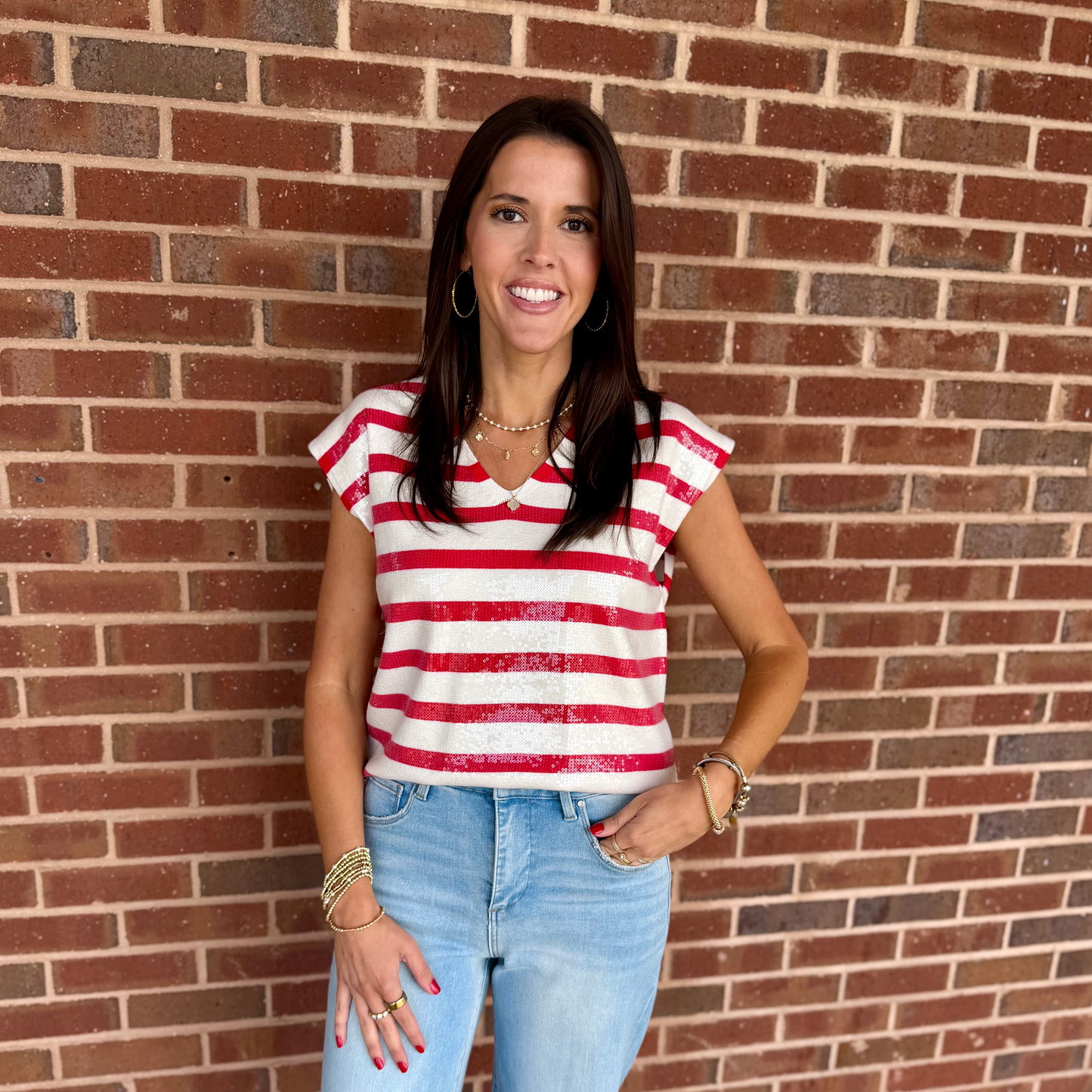 Red Sequin Stripe Sweater Top – V-Neck Sleeveless Knit 5883