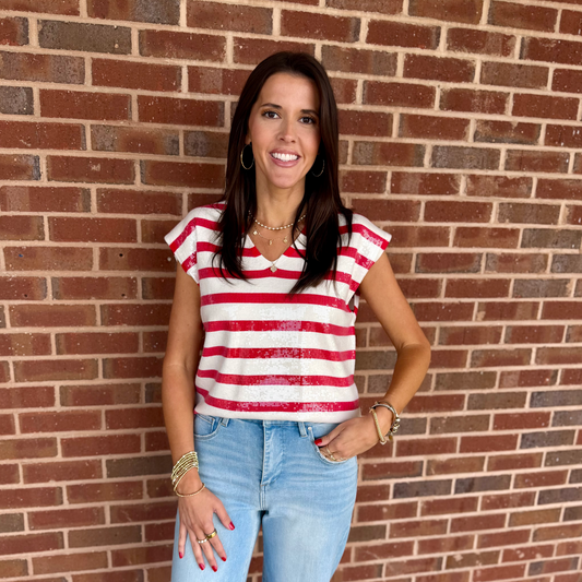 Red Sequin Stripe Sweater Top – V-Neck Sleeveless Knit 5883