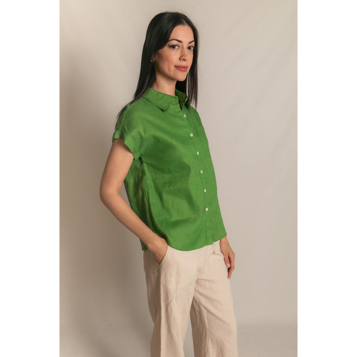 Grass Green P.Cill Linen Button-Up Shirt – Relaxed Short Sleeve 1136
