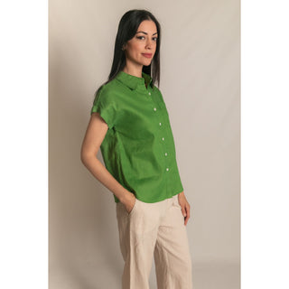 Grass Green P.Cill Linen Button-Up Shirt – Relaxed Short Sleeve 1136