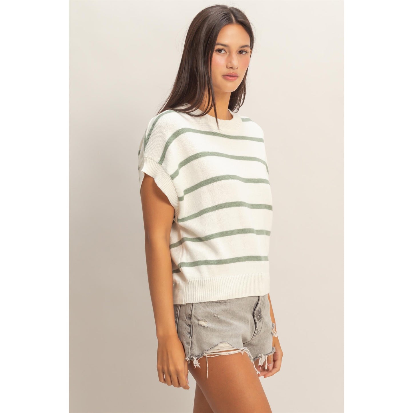 Sage Stripe Knit Top – Crew Neck Short Sleeve Sweater 740