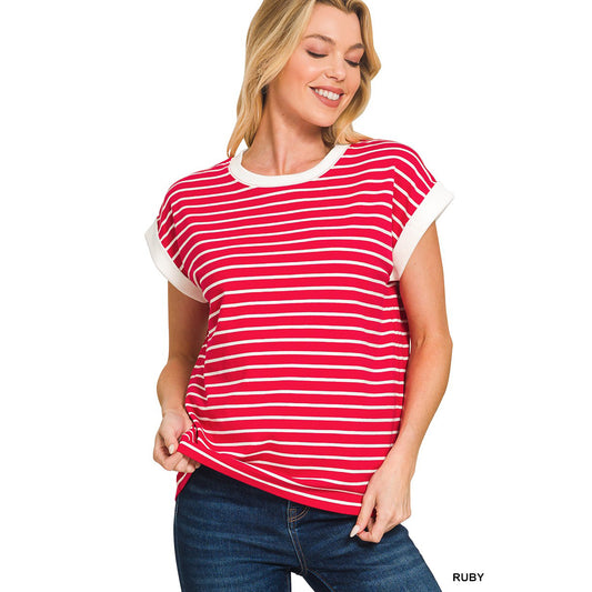 Zenana - Contrast Trim, Cap Sleeve Stripe Top 3534 - Ruby