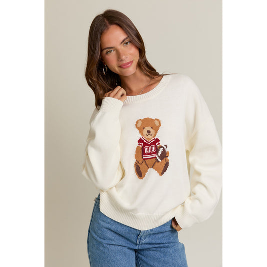LL - Long Sleeve, Crew Neck, Teddy Bear Sweater 5160 - White / Red