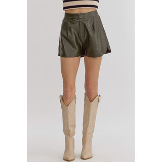 Entro - Metallic Texture, High Waisted Shorts w Pockets 1952 - Olive