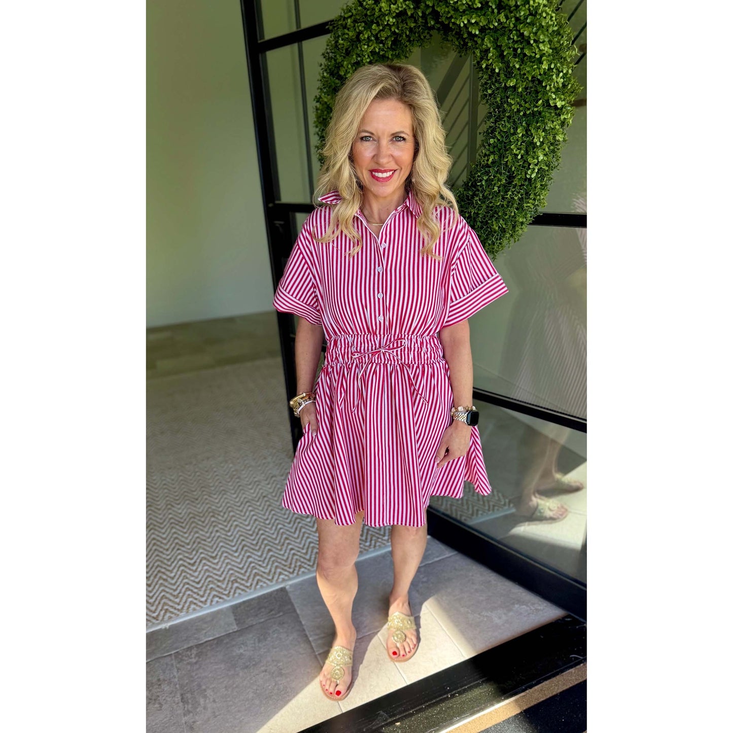 Red & White Stripe Shirt Dress – Cinched Waist Button Front Mini Dress 9648