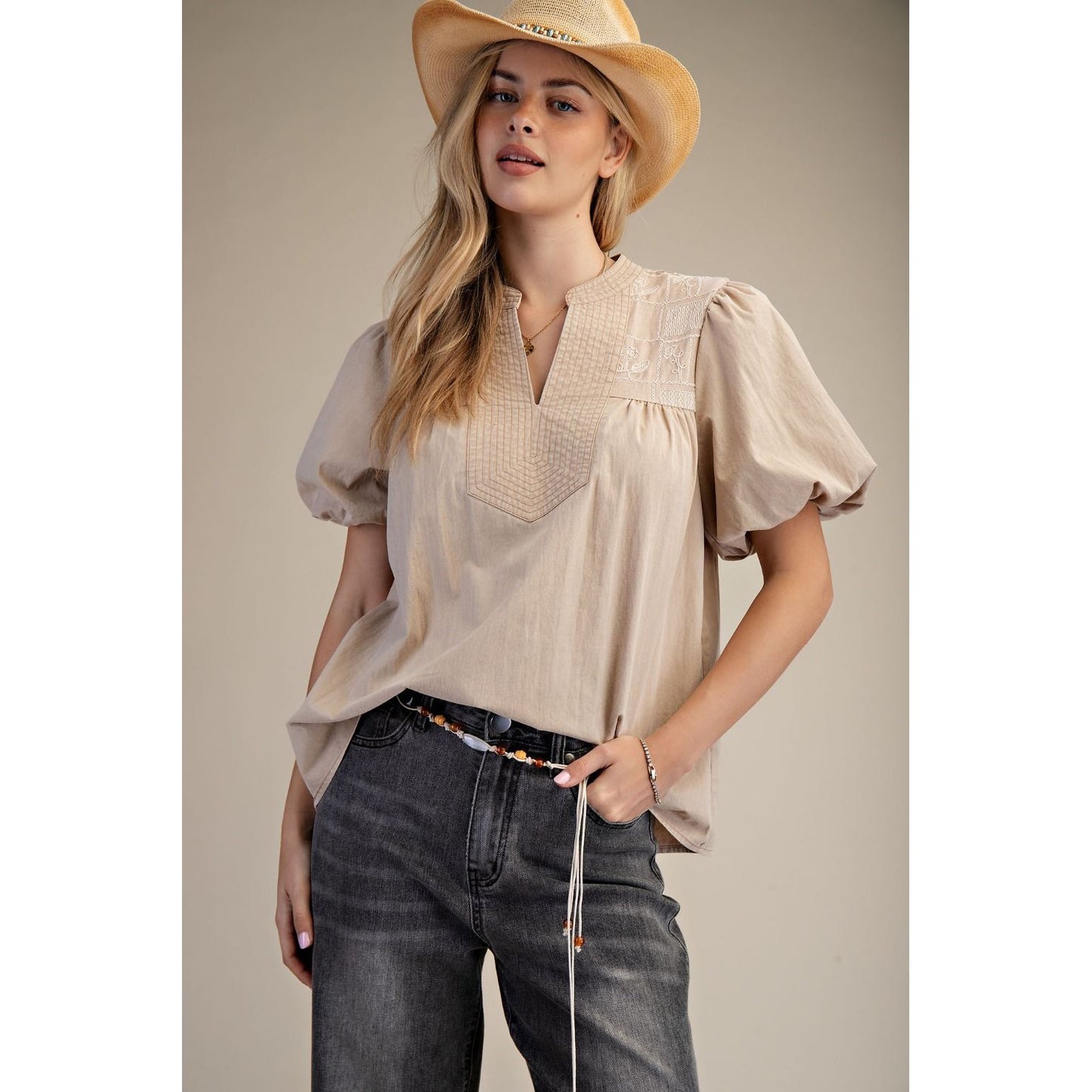 EL - Puff Sleeve, Relax Fit, Denim Top w Embroidered Detail 9730 - Khaki