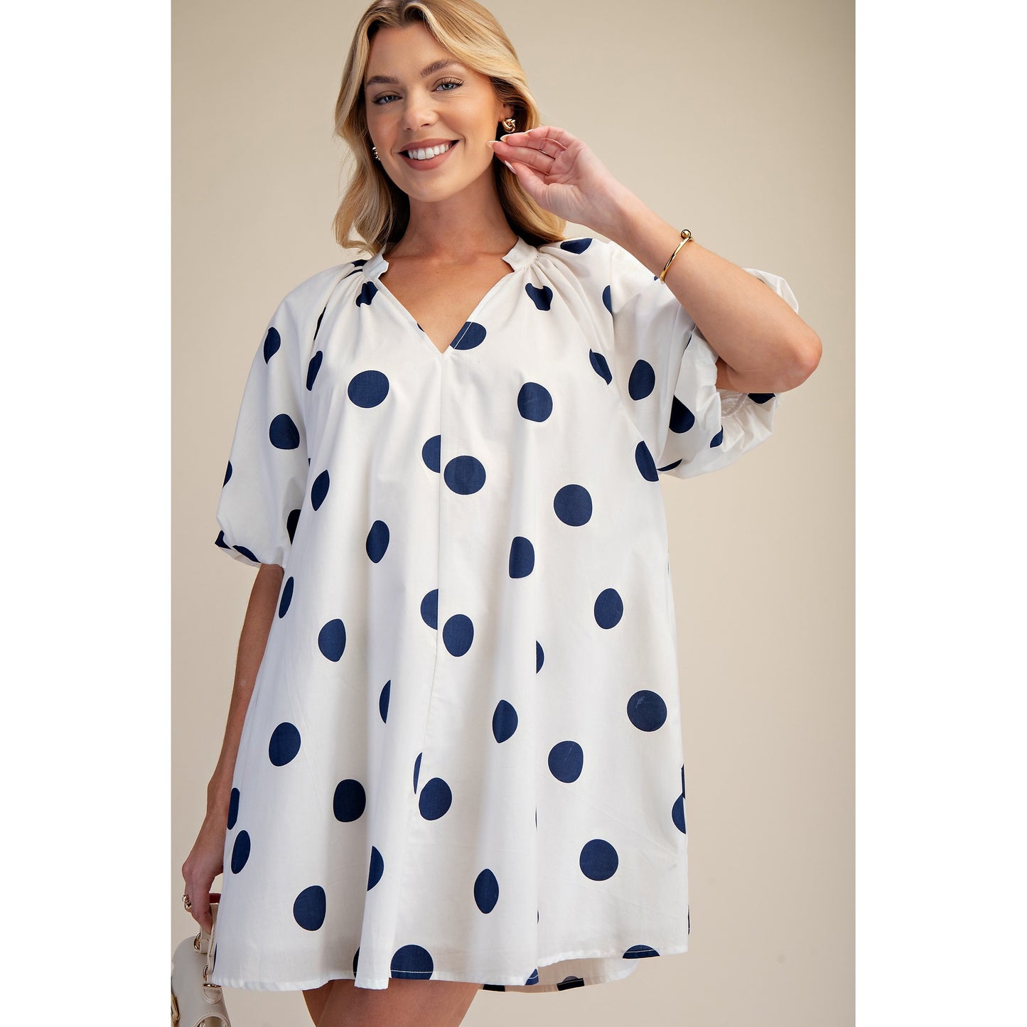 Polka Dot V-Neck Mini Dress – Cream & Navy Relaxed Fit Dress 8846