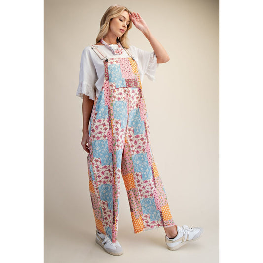 Easel - Patchwork Print, Mineral Washed, Wide leg Pants, Overalls 7722 - Cream
