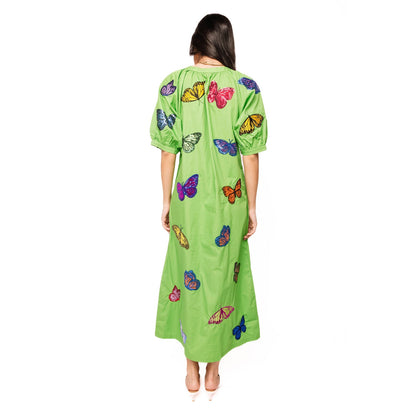Queen of Sparkles - Multi Butterfly Button Up Cotton Midi Dress - Green