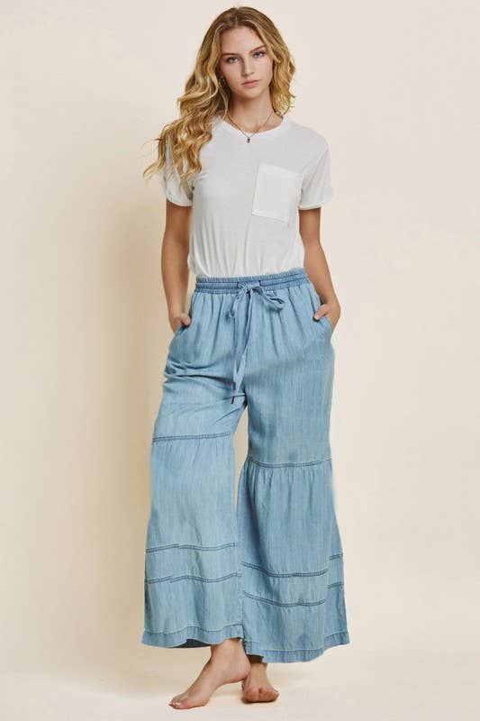 Washed Denim Tiered Wide Leg Pants 7002 - Light Denim
