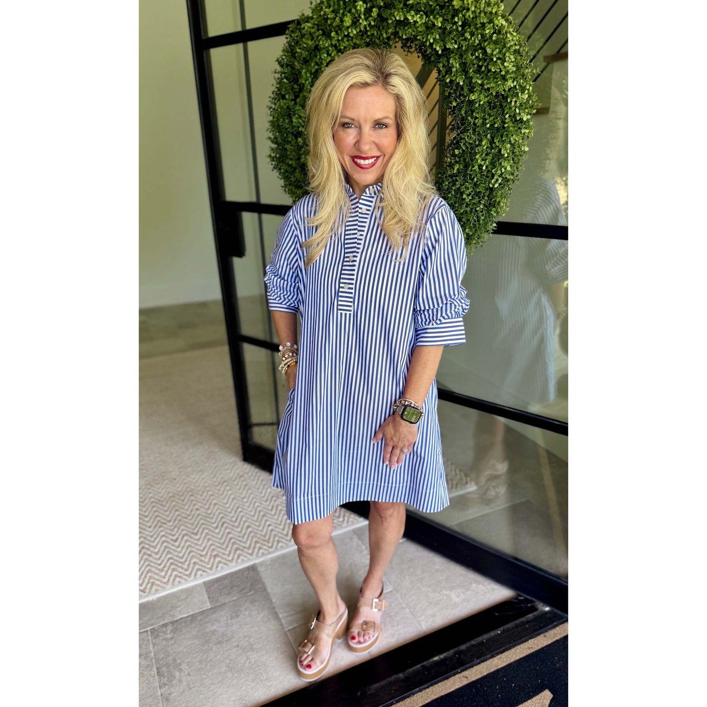 Blue Striped Pleated Sleeve Mini Dress 7062