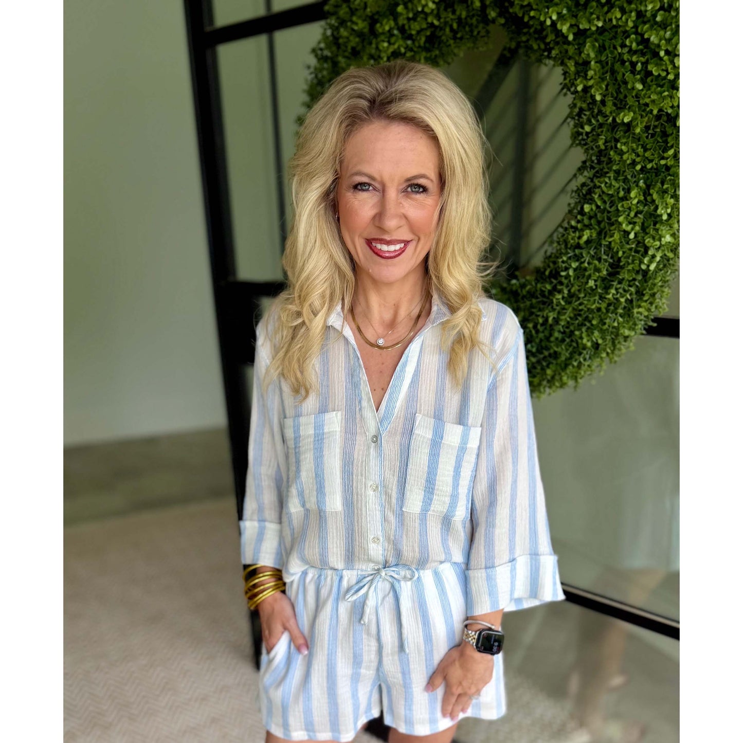 Helena Striped Airy Gauze Button Up – Sea Salt (Pairs with Daylight Shorts)