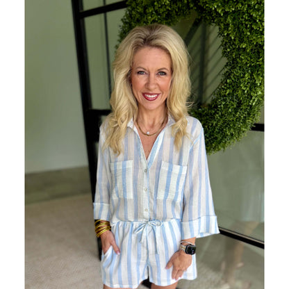 Helena Striped Airy Gauze Button Up – Sea Salt (Pairs with Daylight Shorts)