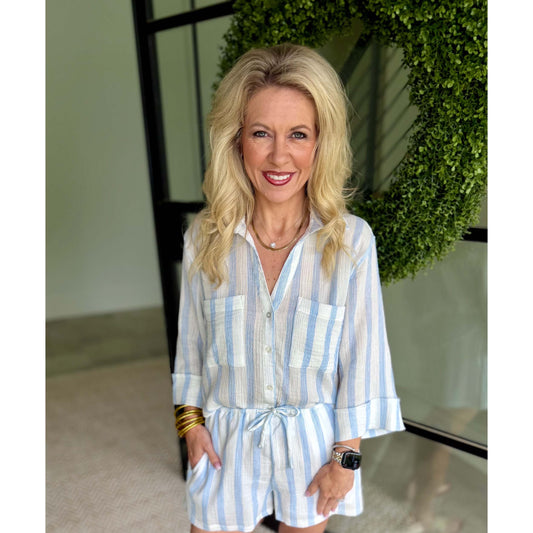 Helena Striped Airy Gauze Button Up – Sea Salt (Pairs with Daylight Shorts)