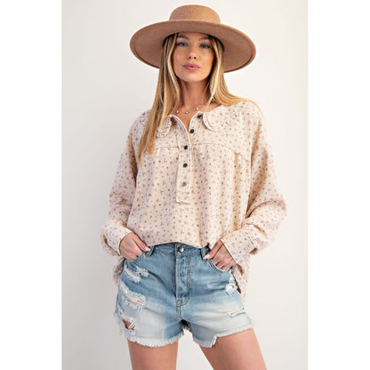 EL - Floral Print, Thermal Washed Top 7243 - Ecru