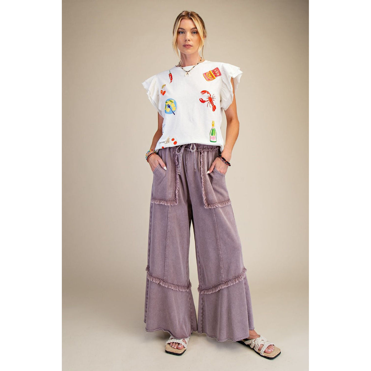 Easel - Wide Leg, Mineral Washed, Terry Pants 7698 - Mocha
