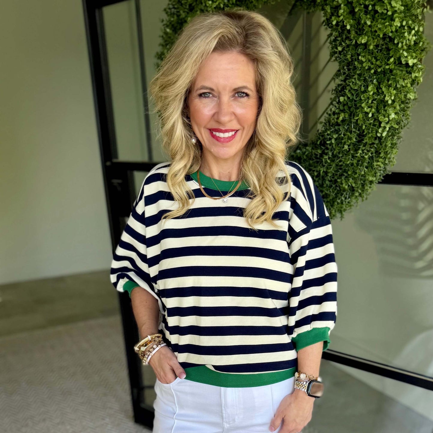 Navy Stripe Knit Top – Green Trim Short Sleeve Sweater - 9528