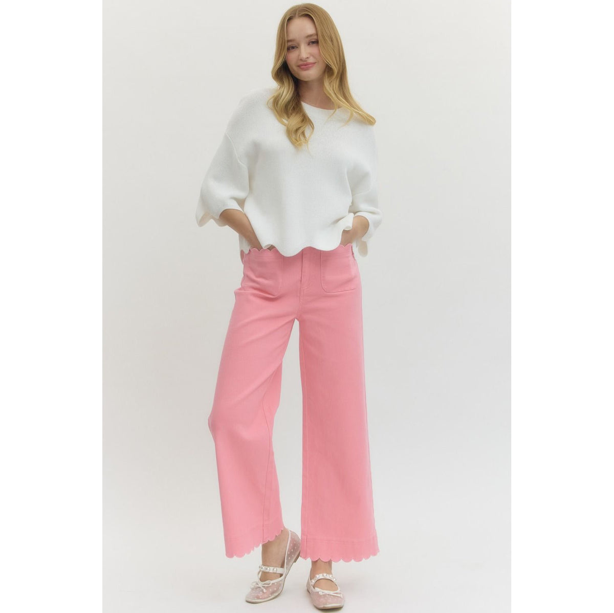 Pink Scallop Trim Wide Leg Pants – High Waist Statement Trousers 9031