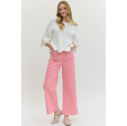 Pink Scallop Trim Wide Leg Pants – High Waist Statement Trousers 9031