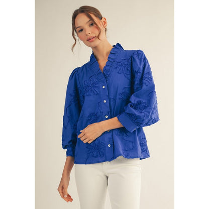 JL - ¾ Sleeve, 3D Floral Top 2376 - Royal