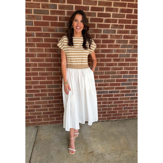 HF -  Striped Top, Solid, Flowy, Skirt Midi Dress w Ribbed Waist Accents 625 - Taupe