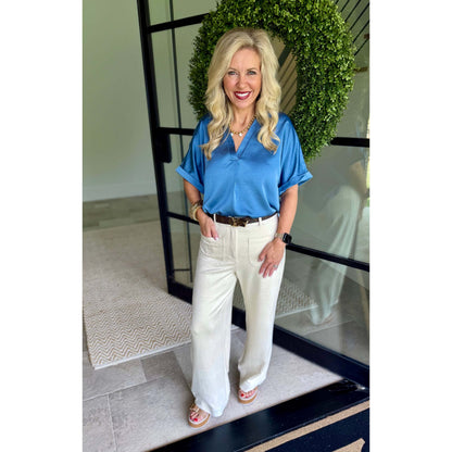 Satin V-Neck Placket Cuff Sleeve Top 8228 – Slate Blue
