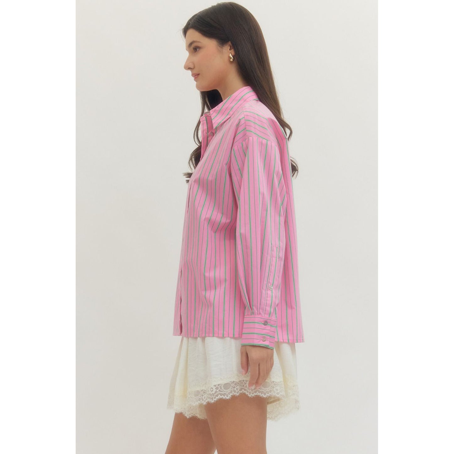 Entro - Striped, Long Sleeve Button Up Top 0121 - Pink