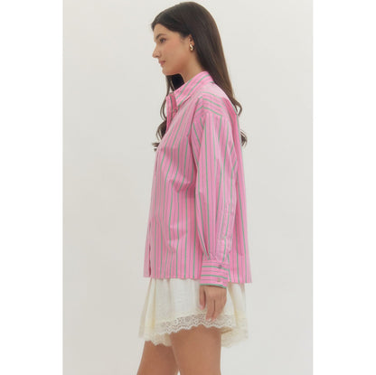 Entro - Striped, Long Sleeve Button Up Top 0121 - Pink
