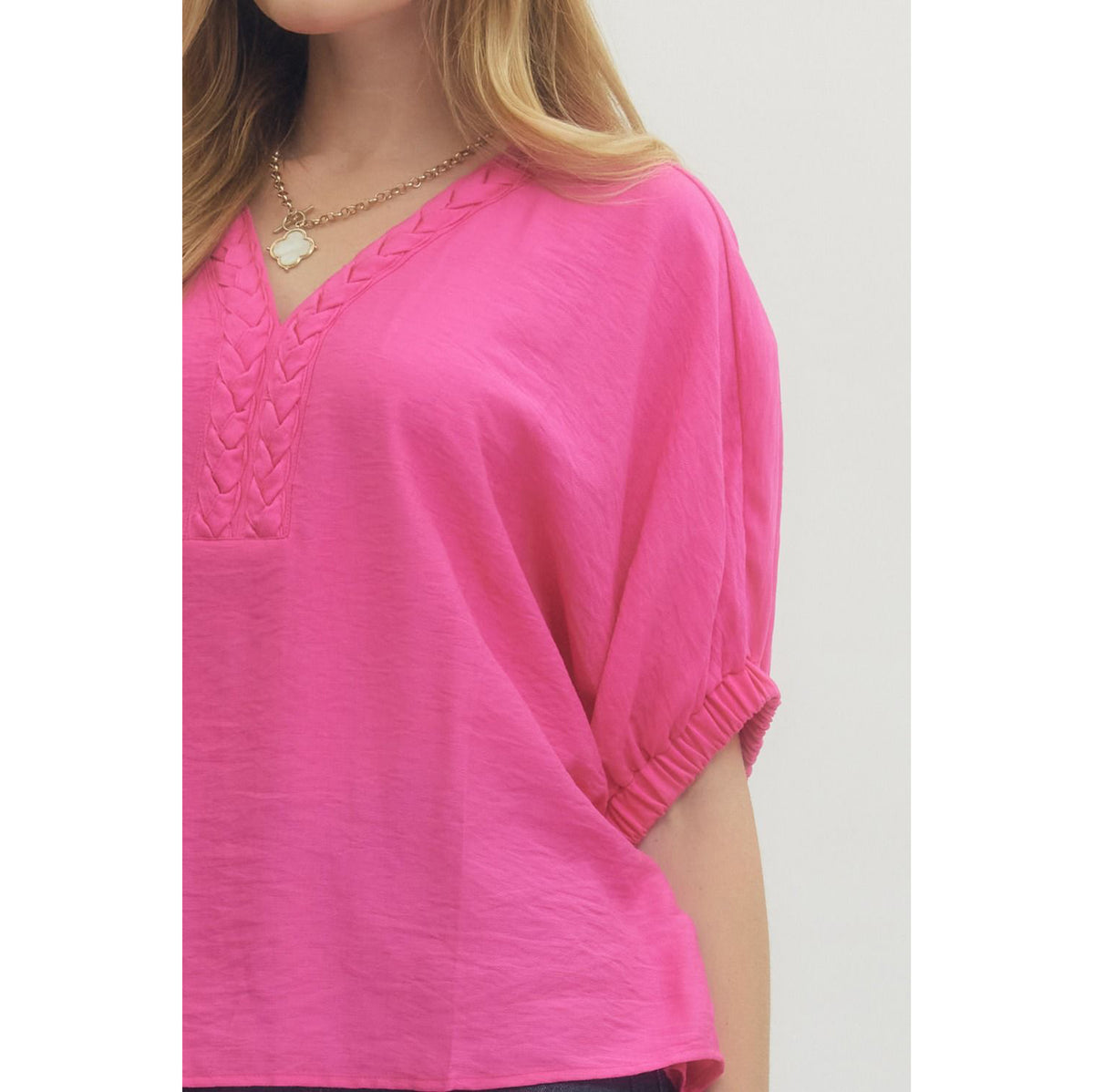 ENTRO -  V-Neck, Dolman Top w Trenza Detail 6938 - Pink