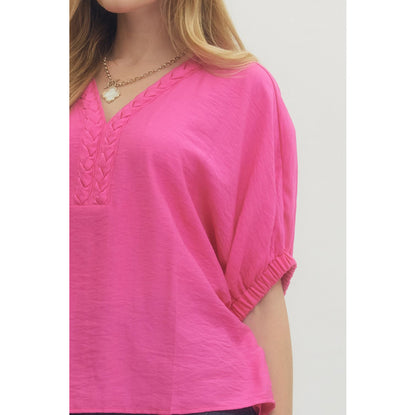ENTRO -  V-Neck, Dolman Top w Trenza Detail 6938 - Pink