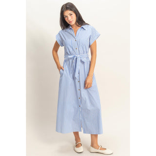 DZ -  Striped, Poplin, Belted, Shirt Dress w Pockets 129 - Blue