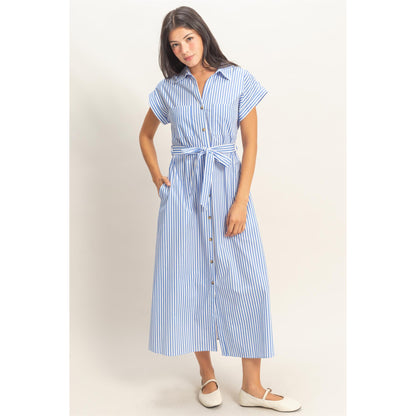DZ -  Striped, Poplin, Belted, Shirt Dress w Pockets 129 - Blue