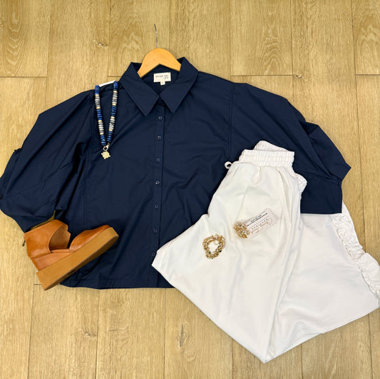 BYC - Poplin, Bishop Sleeve, Button Up Shirt 1021 - Navy