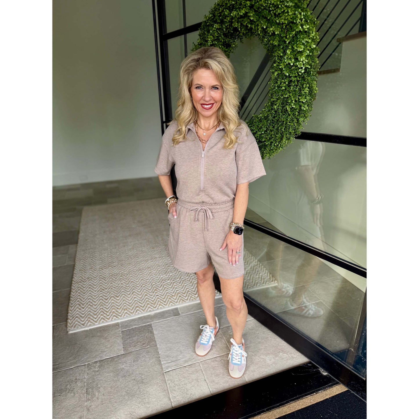 Rae Mode - Modal Scuba, Quarter Zip, Short Sleeve Romper 5113 - Heather Taupe