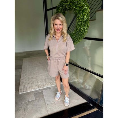 Rae Mode - Modal Scuba, Quarter Zip, Short Sleeve Romper 5113 - Heather Taupe