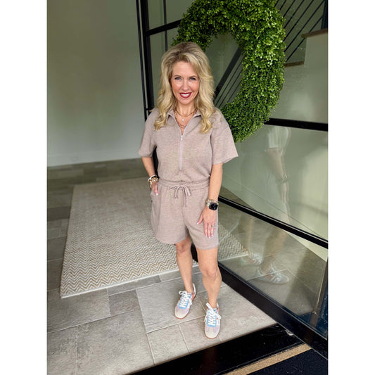 Rae Mode - Modal Scuba, Quarter Zip, Short Sleeve Romper 5113 - Heather Taupe