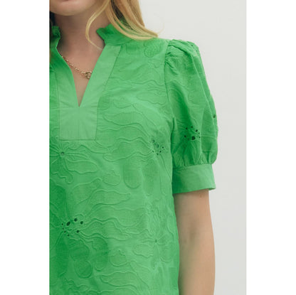 EL - Floral, Embroidered, Short Puff Sleeve Top 6825 - Green