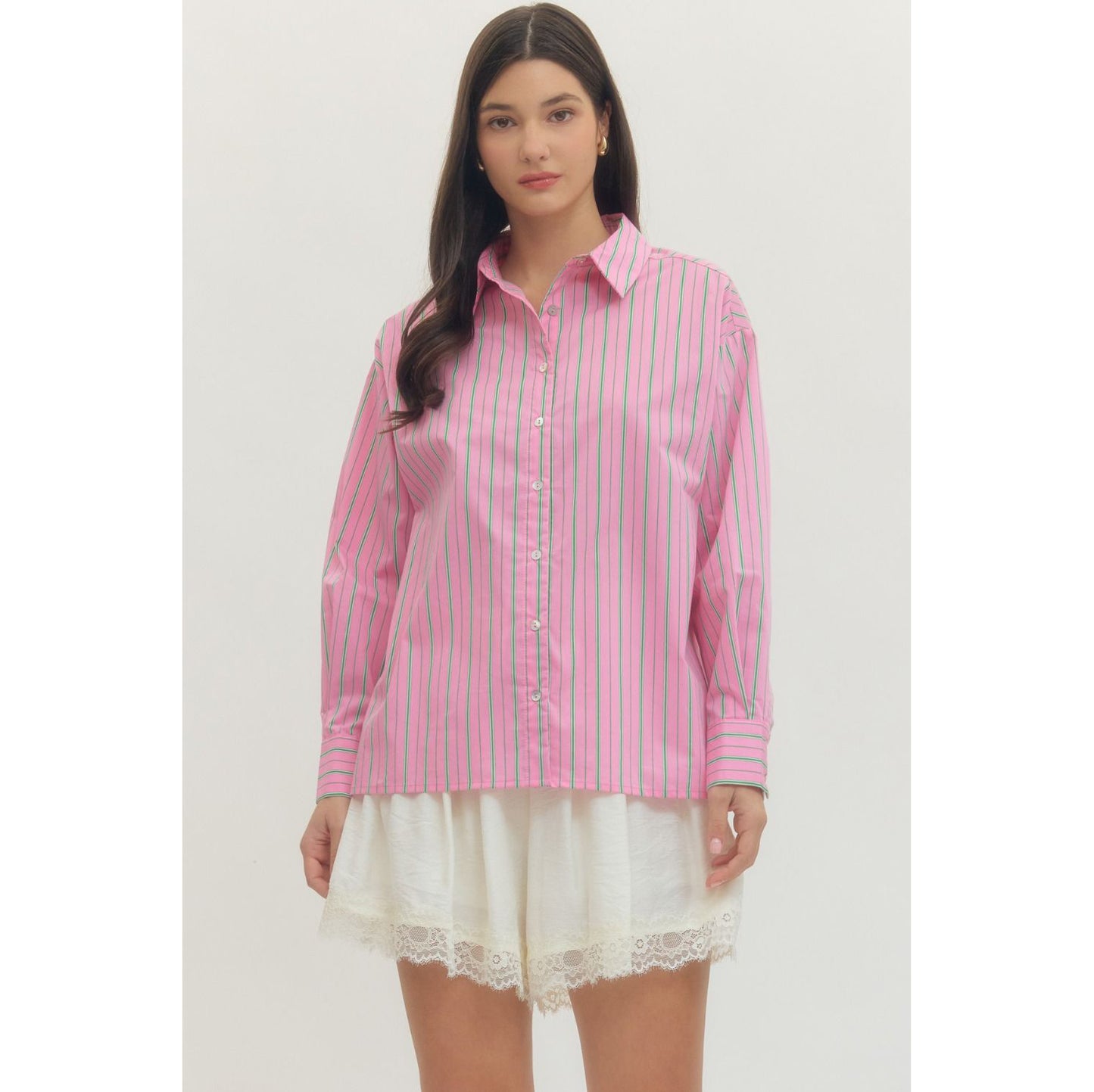 Entro - Striped, Long Sleeve Button Up Top 0121 - Pink