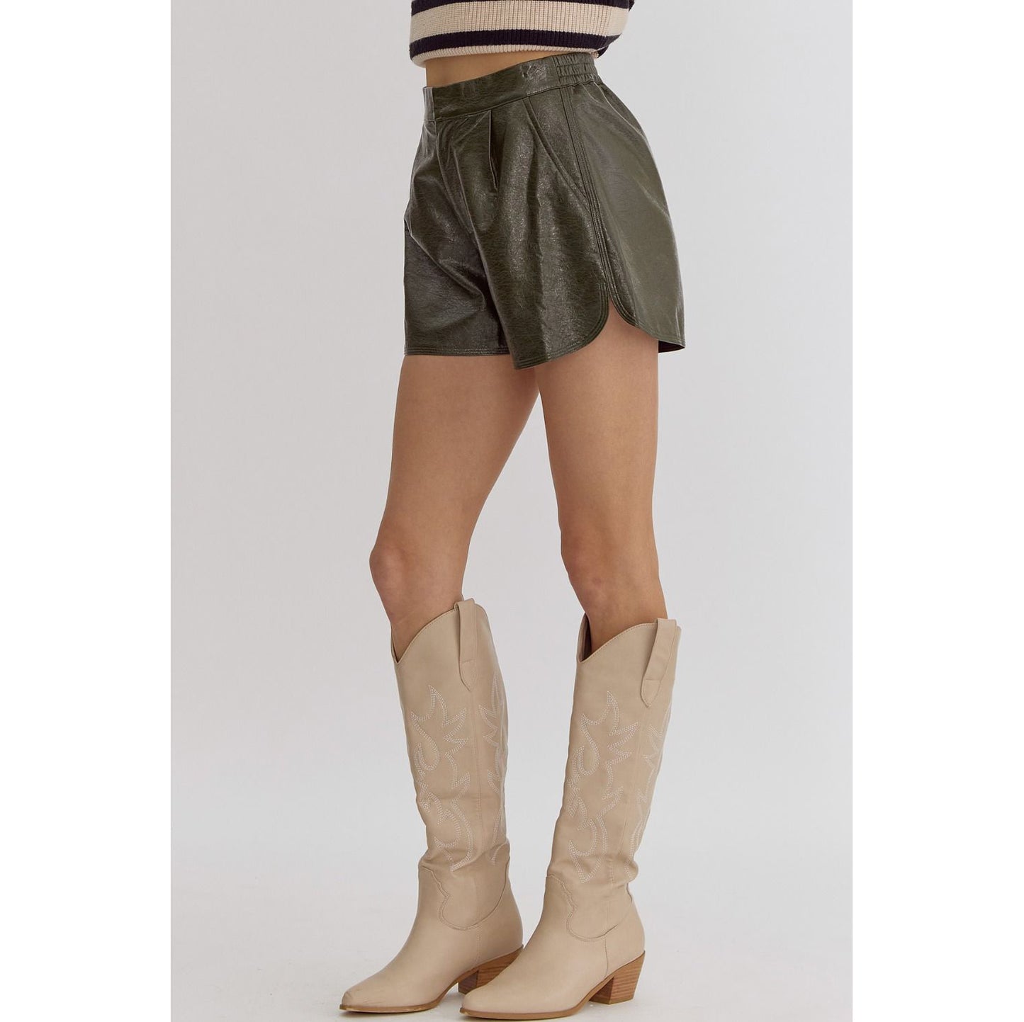 Entro - Metallic Texture, High Waisted Shorts w Pockets 1952 - Olive