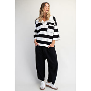 Oversized Striped Rugby Polo Sweatshirt 9015 - Black / White