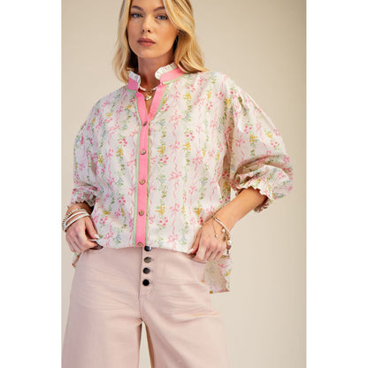 Easel - Floral Printed, Stretch Poplin Button Down Top 9158 - Pink