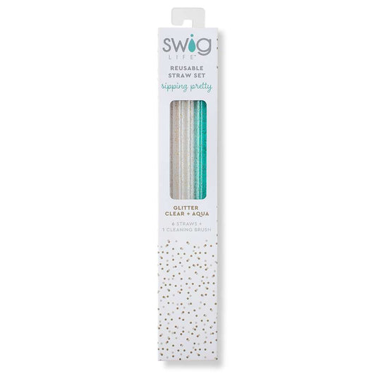 SWIG - Glitter Clear + Aqua Reusable Straw Set
