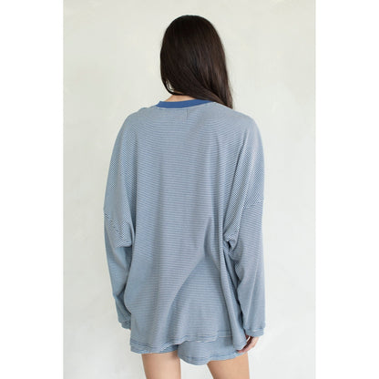 Blue Ribbed Striped Long Sleeve Top
