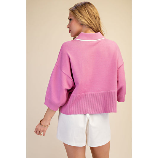 Pink Contrast Trim Sweater – Loose Fit V-Neck Knit Top - 9684