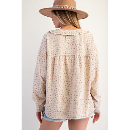 EL - Floral Print, Thermal Washed Top 7243 - Ecru